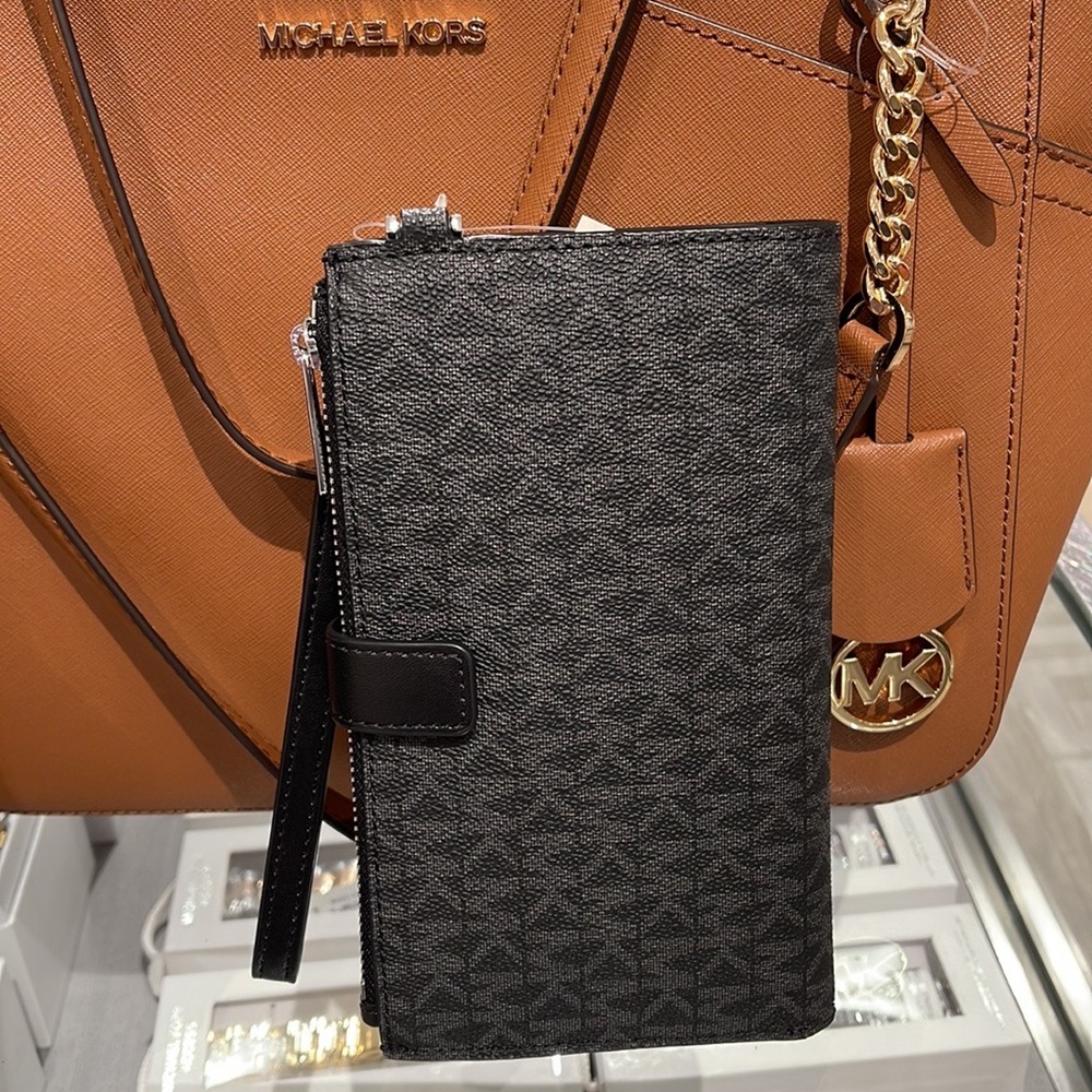 MICHAEL KORS LARGE DOUBLE ZIP WRISTLET PHONEHOLDER WALLET CLUTCH 
BLACK SIGNATUR - Picture 7 of 16